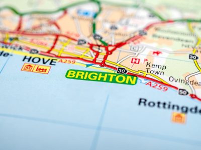 Brighton in southern England on a road map